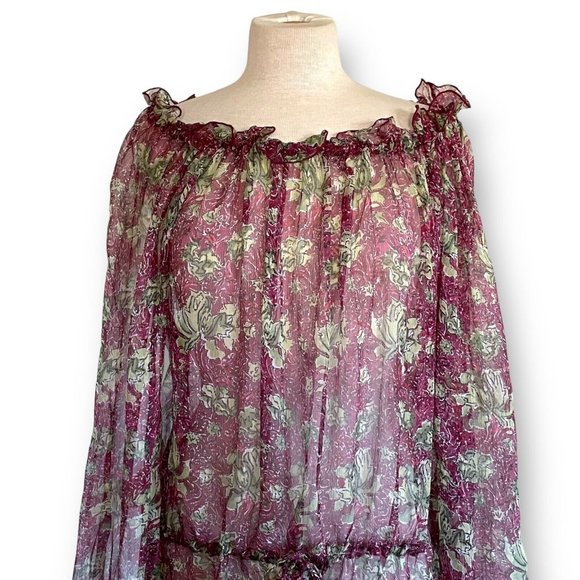 Peruvian Connection Womens Blouse Sz M Sheer Floral 100% Silk Chiffon Boho Top - Picture 2 of 8